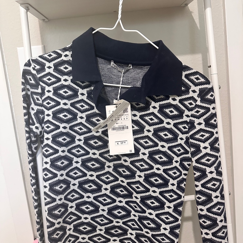 Zara Navy and White Patterned Polo